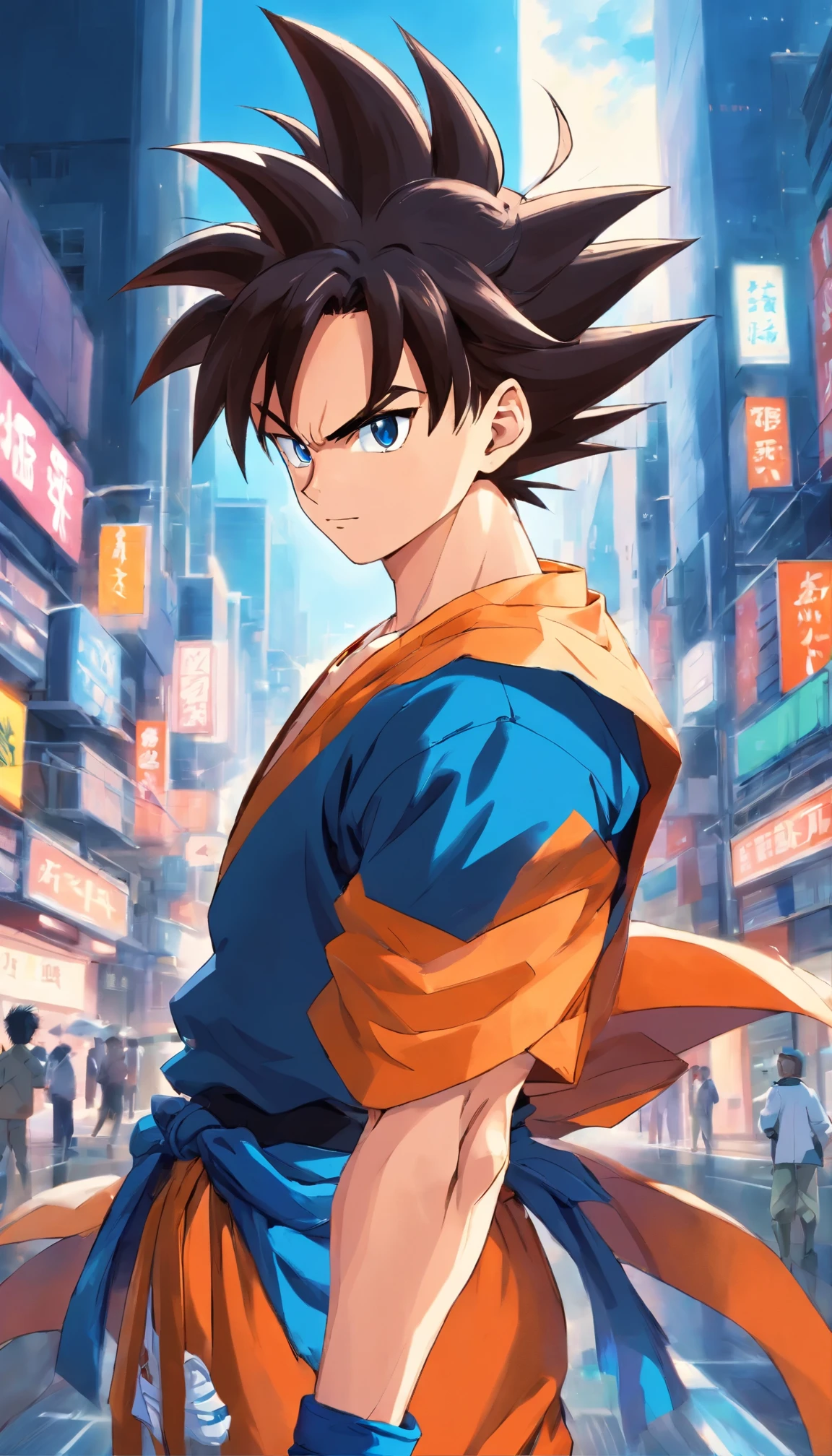 "Gogeta, the powerful fusion of Goku and Vegeta, takes on a new form in this prompt. Picture a 17-year-old boy with jet black hair, dressed in trendy attire, and sporting a stylish haircut. His youthful features and piercing gaze give off a sense of confidence as he strikes a pose against a gritty urban setting. This ultra-detailed portrait is created using digital painting techniques, bringing out the character's unique style and personality."