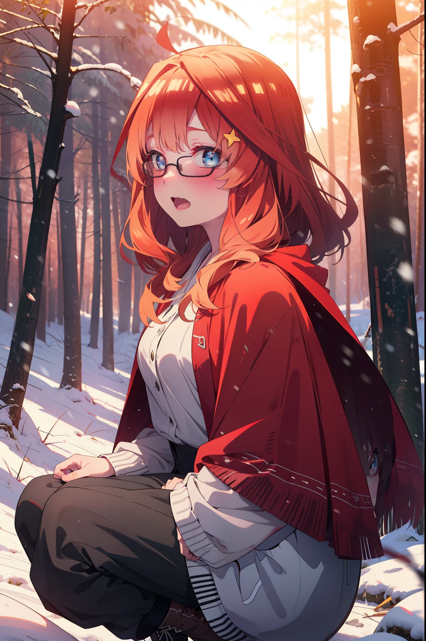 itsukinakano, Itsuki Nakano, bangs, blue eyes, Hair between the eyes, Ahoge, Redhead, star \(symbol\), hair ornaments, star hair ornaments,smile,blush,White Breath,Akagi Glasses,
Open your mouth,snow, Ground bonfire, Outdoor, boots, snowing, From the side, wood, suitcase, Cape, Blurred, Increase your meals, forest, White handbag, nature,  Squat, Mouth closed, フードed Cape, winter, Written boundary depth, Black shoes, red Cape break looking at viewer, Upper Body, whole body, break Outdoor, forest, nature, break (masterpiece:1.2), highest quality, High resolution, unity 8k wallpaper, (shape:0.8), (Beautiful and beautiful eyes:1.6), Highly detailed face, Perfect lighting, Extremely detailed CG, (Perfect hands, Perfect Anatomy),