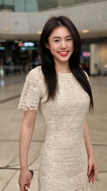 PA7_Human-Likeness, PA7_Photo, solo, realistic, (1girl), (asian) (woman), white skin, milky skin, detailed skin, ((( long and straight))), (((grin512))), (((wearing crochet dress in natural tones and intricate lace patterns))), (((VVIP Airport Lobby, peoples))), analog style, skin pores, wrinkled skin, (film noise:1.1), tan lines, (darkshot:1.1), stretch marks, (damaged film:1.1), warm color grading, taken with Schneider Xenon FF-Prime 100mm T2.1 on Blackmagic Pocket Cinema Camera 6K Pro by Roger Deakins, zoelevana