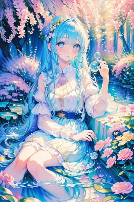(high quality, 8k), (Soft Light), Iridescent, One Girl, Detailed face, Beautiful Eyes, watercolor paiting, So magical and dreamy, Dreamy details, Dreamy atmosphereとドラマ, Gorgeous atmosphere, Fantastic and beautiful lighting, Dreamy atmosphere, Beautiful atmosphere, Dreamy Romantic, Fantastic and dreamy theme, Magical atmosphere, Beautiful atmosphere, Anime Background Art, Magical atmosphere + Tabletop, Dreamy aesthetics, Beautiful details with atmosphere, Lots of flowers, bubble, water, garden, Sit on the ground, Shining Eyes