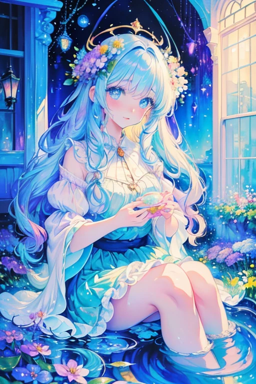 (high quality, 8k), (Soft Light), Iridescent, One Girl, Detailed face, Beautiful Eyes, watercolor paiting, So magical and dreamy, Dreamy details, Dreamy atmosphereとドラマ, Gorgeous atmosphere, Fantastic and beautiful lighting, Dreamy atmosphere, Beautiful atmosphere, Dreamy Romantic, Fantastic and dreamy theme, Magical atmosphere, Beautiful atmosphere, Anime Background Art, Magical atmosphere + Tabletop, Dreamy aesthetics, Beautiful details with atmosphere, Lots of flowers, bubble, water, garden, Sit on the ground, Shining Eyes
