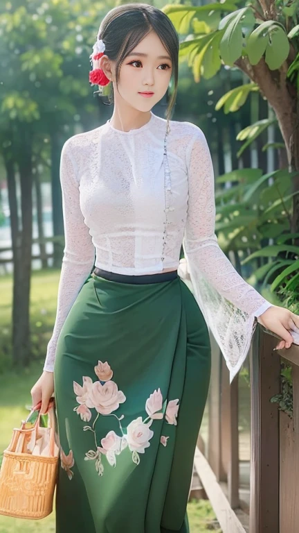 Burmese girl with attractive curvy full body. Friends full-length bikini, (green dress) reflective long dress painted with flower patterns, only dress. hi gh hips High resolution High resolution natural background High resolution HD 3D, 8K cartoon anime