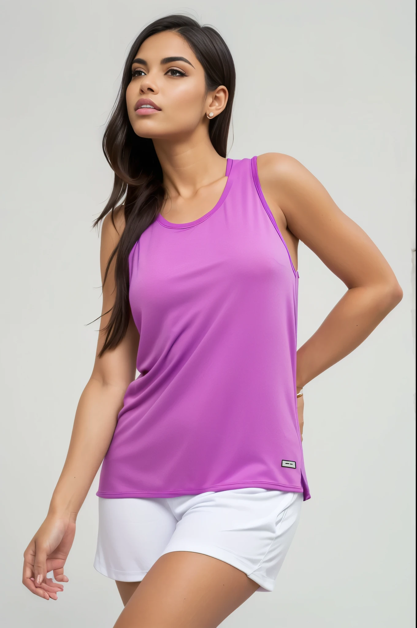 a woman in a purple regata and white shorts posing, regata apertada violeta, Top roxo, tops sem mangas, regata, regata, Oeste roxo, camiseta, tight fitted regata, top roxo, vestindo camiseta roxa, tennis wear, vestindo uma camiseta muscular, purple tunic, model is wearing technical vest, camiseta violeta