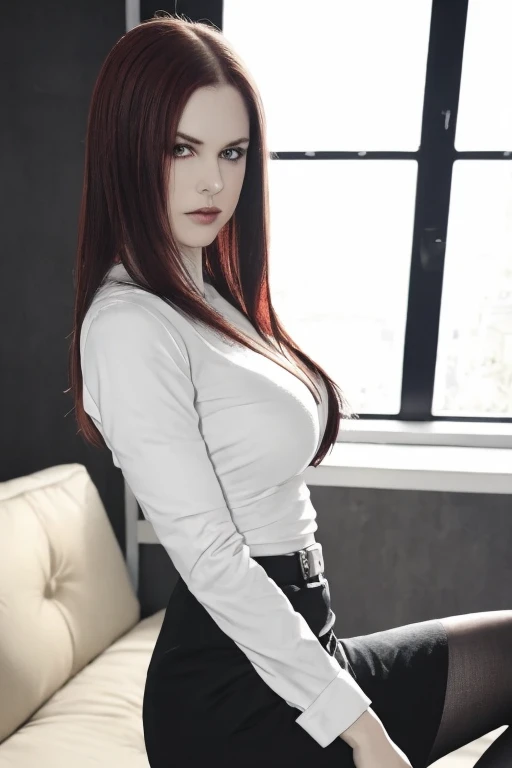 (masterpiece), (best quality), (realistic), Nikon RAW photo, Fujifilm XT3, beautiful 1girl, young 19yo,Ultra realistic, red-haired girl, seductive leaning forward detailed skin, pale-white (highlighted) skin, ultra realistic, 16k, high quality, picture-perfect, flawless, clean, masterpiece, professional artwork, detailed artwork, cinematic lighting, cinematic bloom, realistic shading, (((perfect female body, narrow waist))),(large breasts:1.3)lora:GoodHands-beta2:1>, , ((girl standing)),upper body, white shirt, black skirt and pantyhose clothing (realistic texture), blade to side, strike pose, blade down, blade right hand,, blurred background (masterpiece, best quality, high quality, highres, ultra-detailed), different poses at different angles.
tight_white_shirt, long_sleeves,
light_red_hair,
facing_viewer,
(ultra detailed), 8k, 4k, intricate, upper_body, best lighting, office, sunlight,
medium_breasts,