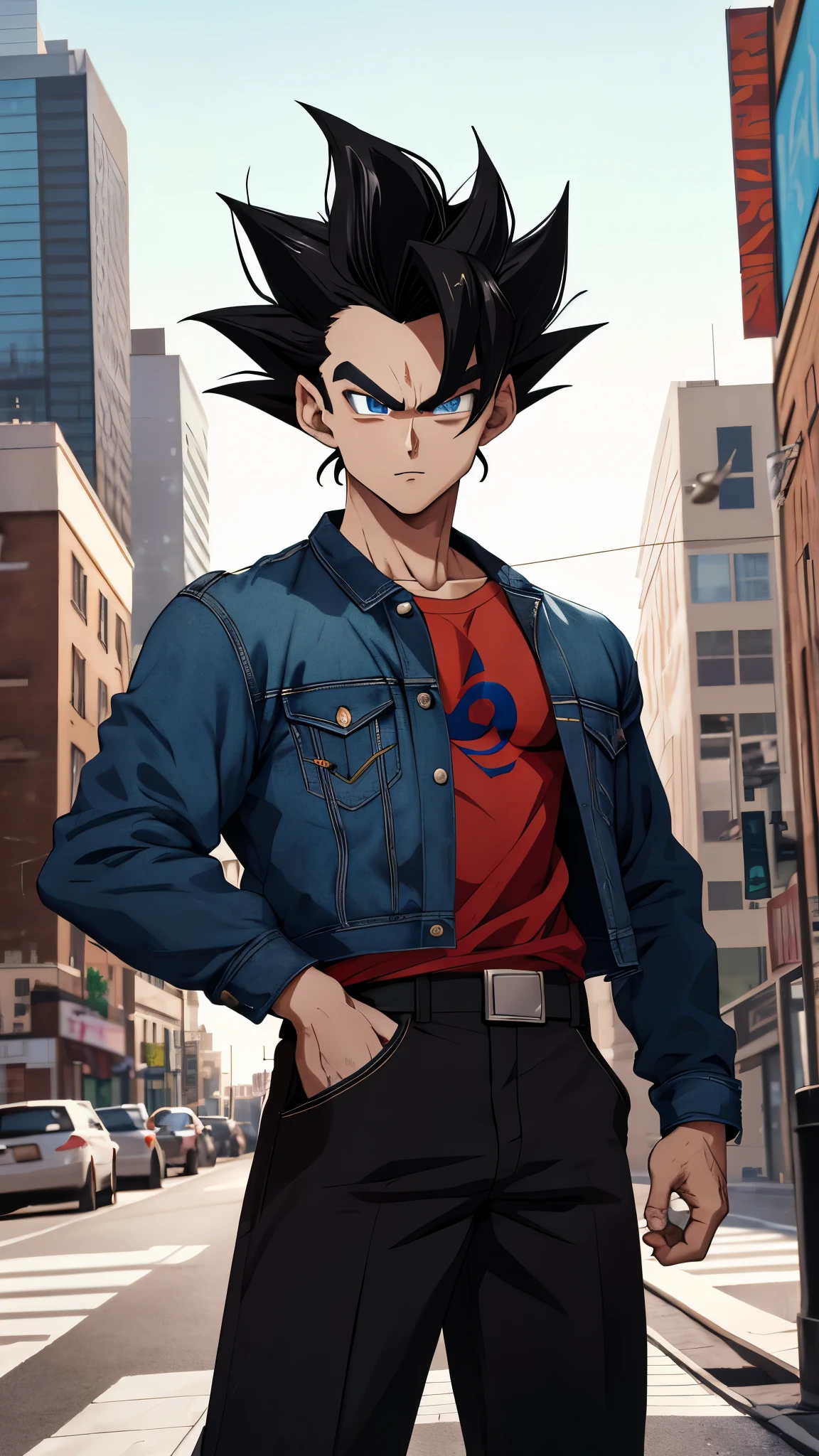 "A fusion of Gogeta and Vegeta from Dragon Ball Super, with a modern twist. Imagine a -yeld boith sleek black hair, dressed in contemporary clothing, with stunning eyes and a handsome face. His cool hairstyle and youthful expression exude confidence as he stands in front of a vibrant urban backdrop. This artistic portrait is rendered in stunning detail using digital painting techniques, bringing this character to life in a physically-based style."