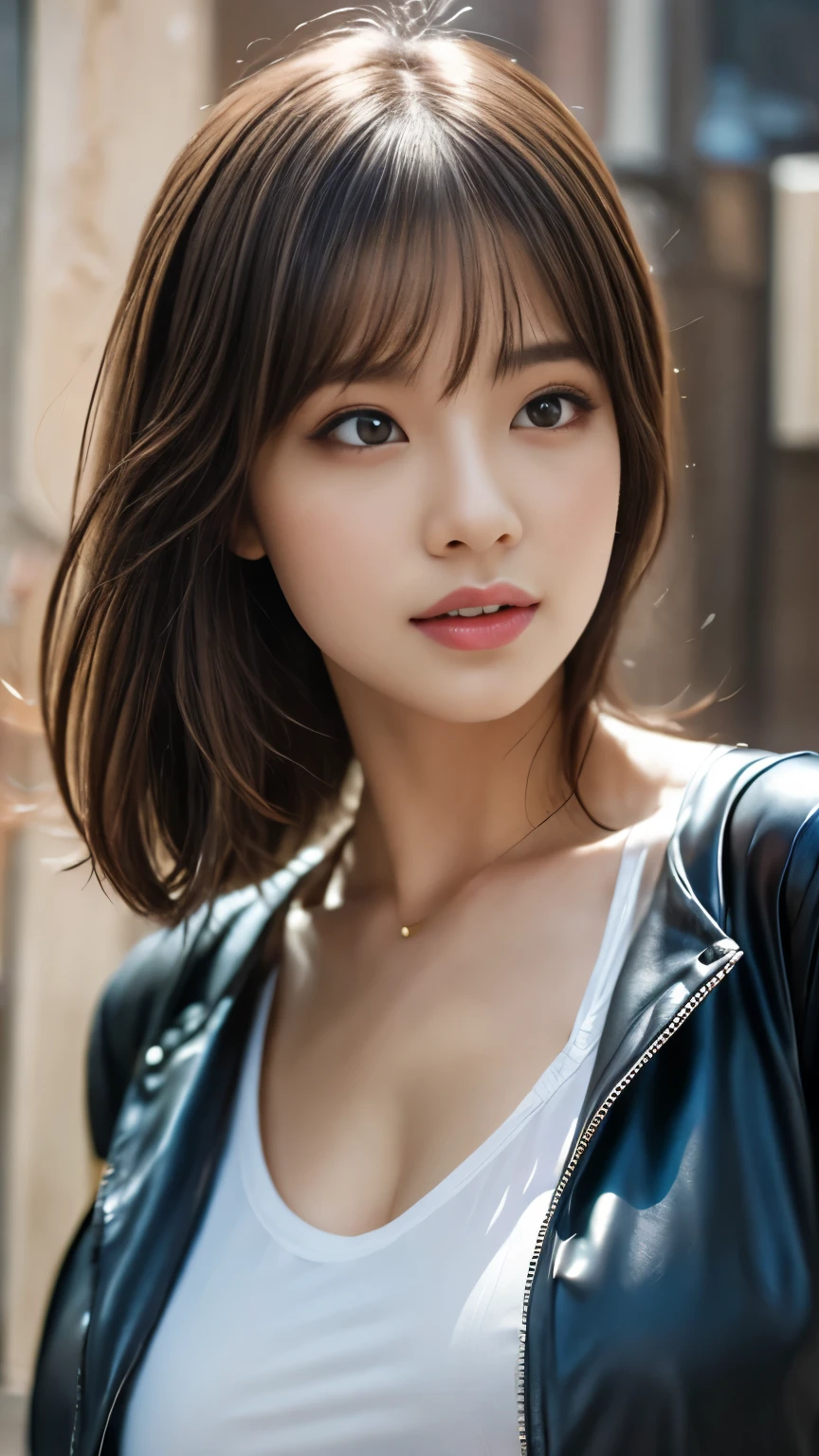 Dreamy atmosphere, High Contrast, Ultra Sharp, Studio shot、Upper body portrait、Angle from below、(white leather future jacket :1.4), (Big and ample breasts), Focus on the chest、Slim Body Enhancement、Realistic、Realistic、Highly detailed cute girl、alone、18-year-old、Japanese、Melancholic expression, Brown Hair、bob hair, town for background、Out of focus、Blur、