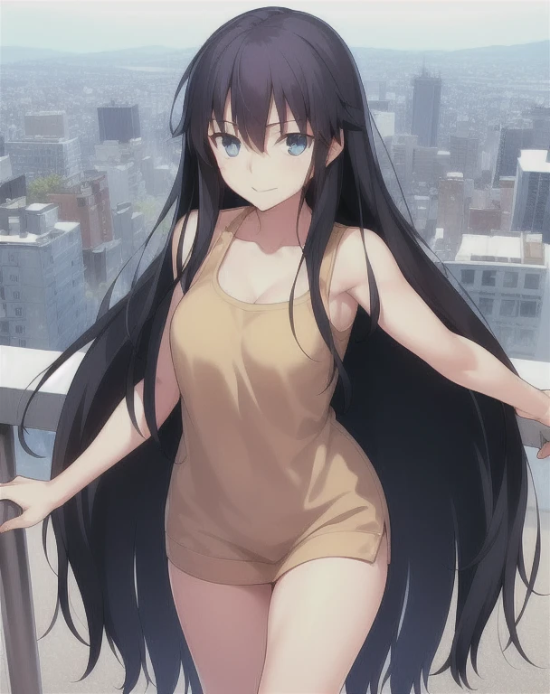 solo, 1girl, looking at viewer, black hair, long hair, blue eyes, beautiful detailed face, city background