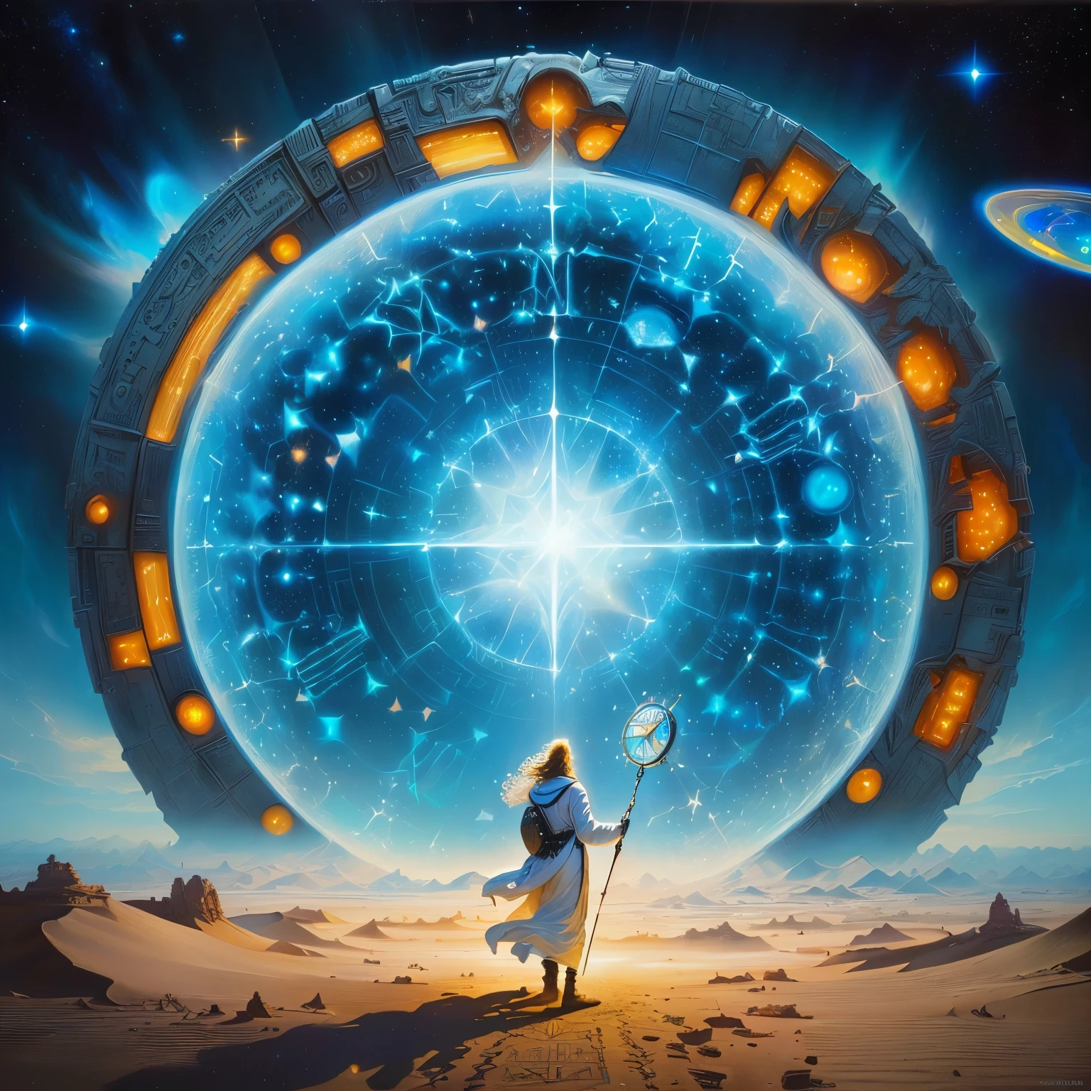 a painting of a man standing in front of a clock in the desert, doors that are cosmic portals, star - gate of futurisma, ancient alien portal, portal to another universe, dimensional portal, ancient science fiction art, open portal to another dimension, in the astral plane ) ) ), opening a shining portal, by Johfra Bosschart, infinite quantum portal