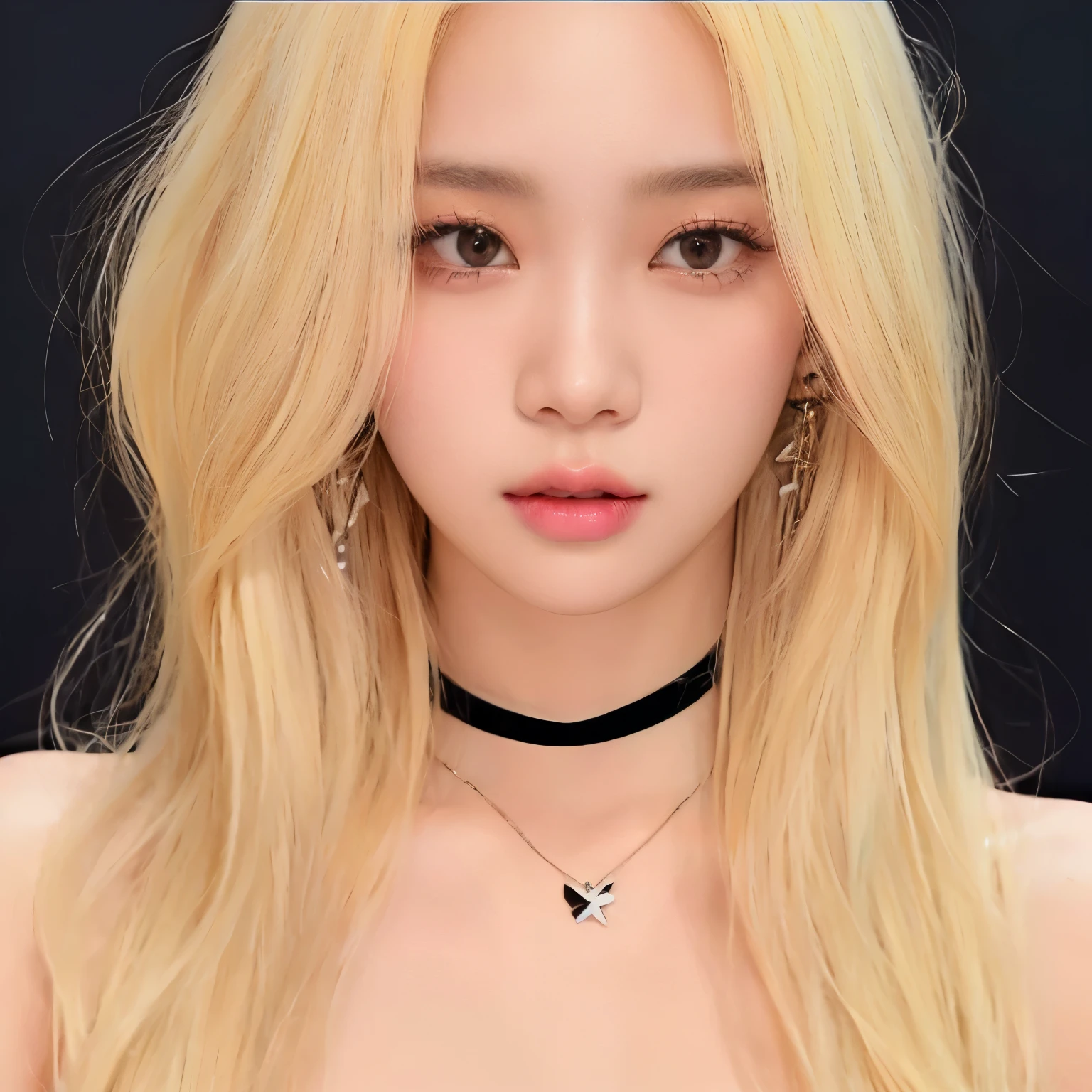 un primer plano de una mujer con cabello largo y rubio que llevaba un estrangulador, portrait of jossi de blackpink, parque roseanne de blackpink, Kim Doyoung, jinyoung shin, ulzzang, Lalisa Manobal, sun yunjoo, jossi de blackpink, pale, shiny skin, jia, Lalisa Manoban de Blackpink, pale porcelain white skin