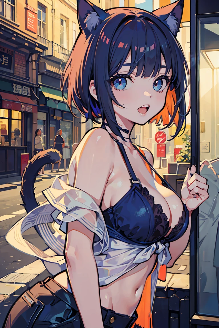 ((brother)), (beast娘), (Cat ear), (super high quality), masterpiece, wild, beast, (Cobalt Blue Girl and Orange Girl), Casual Scene, She is wearing fashionable clothes,Summer sun, Street atmosphere, urban environment. Perfect body, (E Cup:1.2), Open your big mouth, teeth, Fresh, (Asymmetrical bangs:1.3),Short Bob,Braiding, Highly detailed face and eyes, Sharp eyes, Digital Art, beautiful, Cinema Lighting, By Yusuke Murata.tonality, Romanticism, modern art, Impressionism, reflected light, 8k, masterpiece, Advanced Details, highest quality, Accurate anatomy