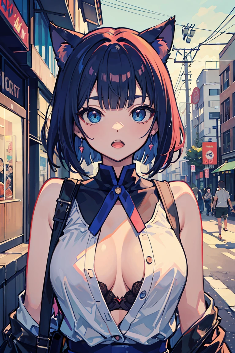 ((brother)), (beast娘), (Cat ear), (super high quality), masterpiece, wild, beast, (Cobalt Blue Girl and Orange Girl), Casual Scene, She is wearing fashionable clothes,Summer sun, Street atmosphere, urban environment. Perfect body, (E Cup:1.2), Open your big mouth, teeth, Fresh, (Asymmetrical bangs:1.3),Short Bob,Braiding, Highly detailed face and eyes, Sharp eyes, Digital Art, beautiful, Cinema Lighting, By Yusuke Murata.tonality, Romanticism, modern art, Impressionism, reflected light, 8k, masterpiece, Advanced Details, highest quality, Accurate anatomy