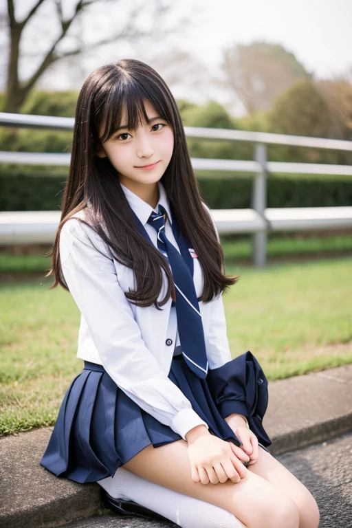 Beautiful Japanese high school sophomore, 　height: 160cm 、82、58、82 　ＤShapely breasts with cups　Small face　Fair skin　Shiny chestnut colored medium long hair　Chic navy blue blazer、On a white blouse、Dark navy grade pleated skirt、Red ribbon tie、White Loose Socks、Full-body image of a person in uniform wearing black loafers