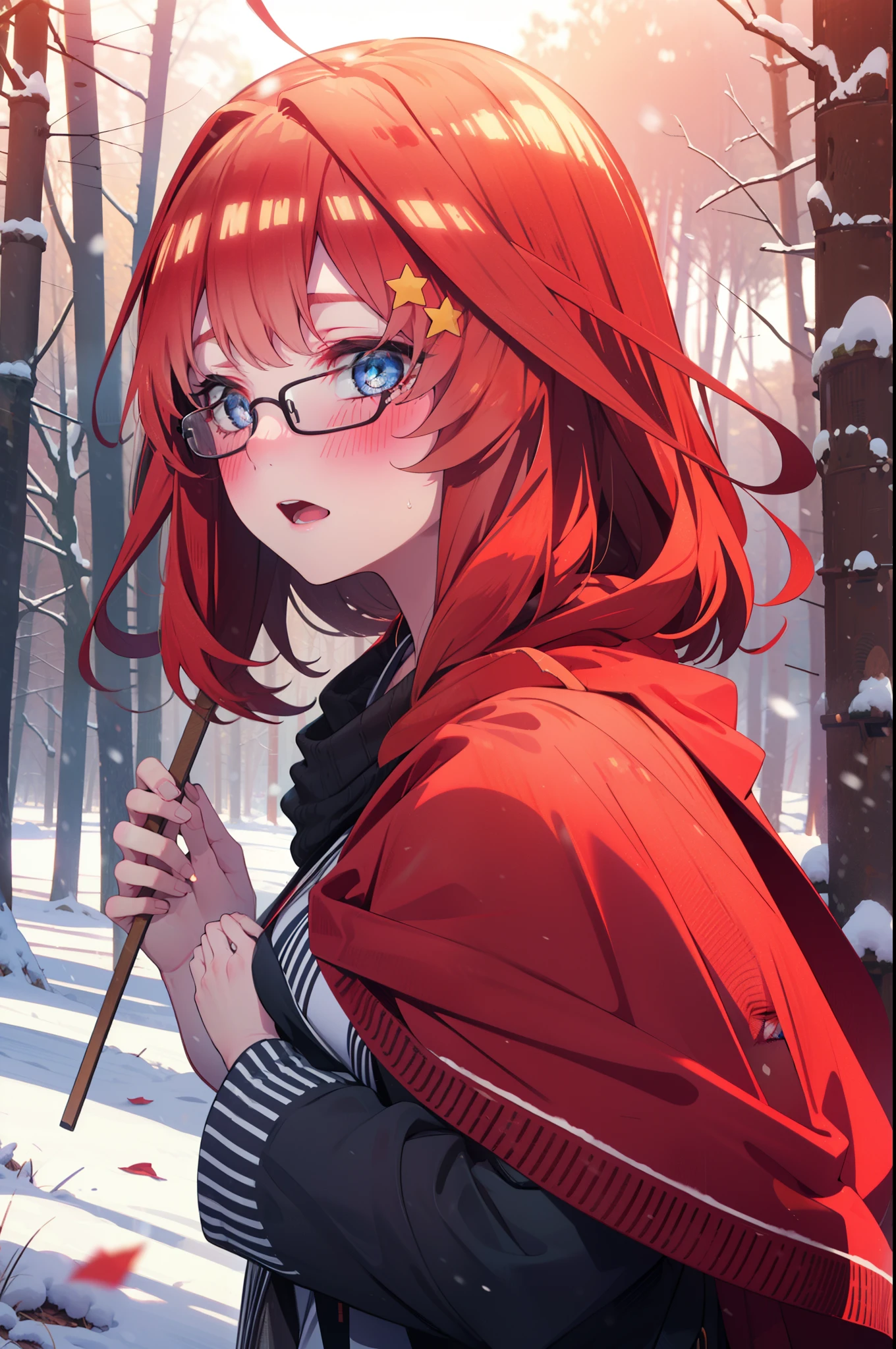 itsukinakano, Itsuki Nakano, bangs, blue eyes, Hair between the eyes, Ahoge, Redhead, star \(symbol\), hair ornaments, star hair ornaments,smile,blush,White Breath,Akagi Glasses,
Open your mouth,snow, Ground bonfire, Outdoor, boots, snowing, From the side, wood, suitcase, Cape, Blurred, Increase your meals, forest, White handbag, nature, Squat, Mouth closed, フードed Cape, winter, Written boundary depth, Black shoes, red Cape break looking at viewer, Upper Body, whole body, break Outdoor, forest, nature, break (masterpiece:1.2), highest quality, High resolution, unity 8k wallpaper, (shape:0.8), (Beautiful and beautiful eyes:1.6), Highly detailed face, Perfect lighting, Extremely detailed CG, (Perfect hands, Perfect Anatomy),