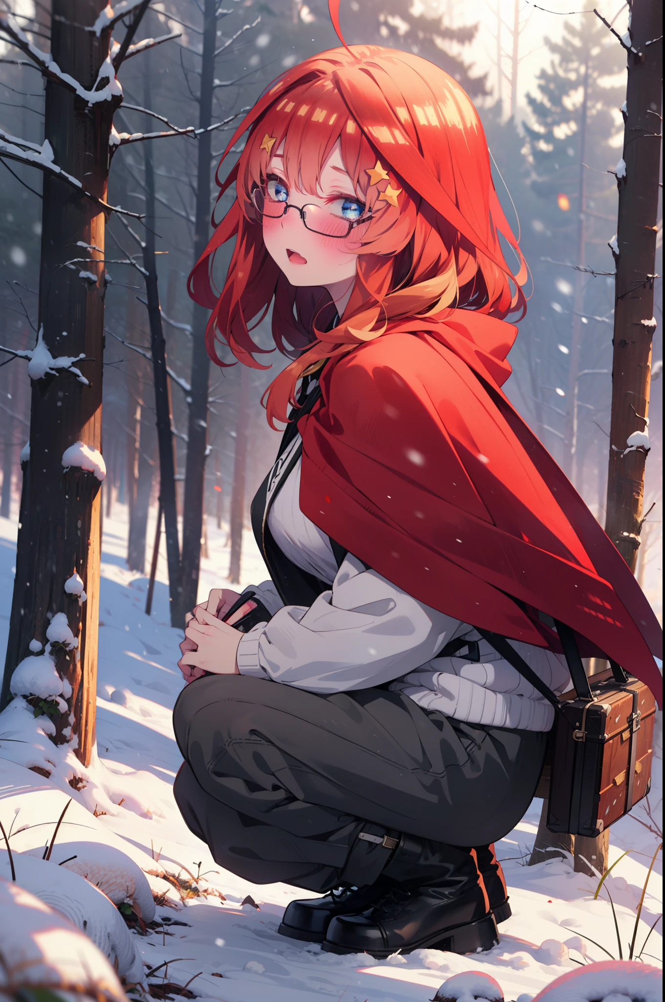 itsukinakano, Itsuki Nakano, bangs, blue eyes, Hair between the eyes, Ahoge, Redhead, star \(symbol\), hair ornaments, star hair ornaments,smile,blush,White Breath,Akagi Glasses,
Open your mouth,snow, Ground bonfire, Outdoor, boots, snowing, From the side, wood, suitcase, Cape, Blurred, Increase your meals, forest, White handbag, nature, Squat, Mouth closed, フードed Cape, winter, Written boundary depth, Black shoes, red Cape break looking at viewer, Upper Body, whole body, break Outdoor, forest, nature, break (masterpiece:1.2), highest quality, High resolution, unity 8k wallpaper, (shape:0.8), (Beautiful and beautiful eyes:1.6), Highly detailed face, Perfect lighting, Extremely detailed CG, (Perfect hands, Perfect Anatomy),