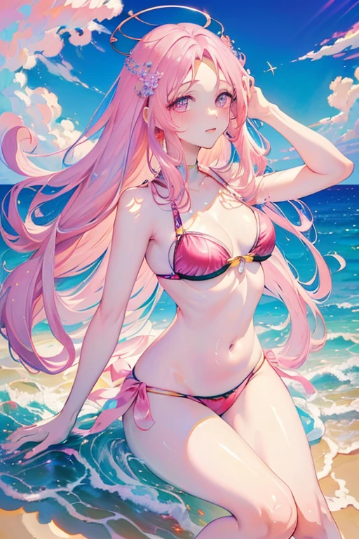 masterpiece, highest quality, Beautiful background, (Ocean,null), Idol Sculpture, Sexy pose, String Bikini, Pink Hair, Pink Eyes, The most beautiful woman in the world, Best Style, Sparkling eyes, Fine grain, Beautiful Face,Overflowing with smiles,expose forehead,Dynamic pose