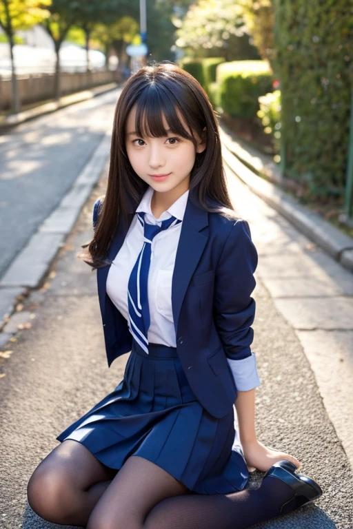 Beautiful Japanese high school sophomore, height: 160cm 、82、58、82 DShapely breasts with cups Small face Fair skin Shiny chestnut colored medium long hair Chic navy blue blazer、On a white blouse、Dark navy grade pleated skirt、Red ribbon tie、White Loose Socks、Full-body image of a person in uniform wearing black loafers