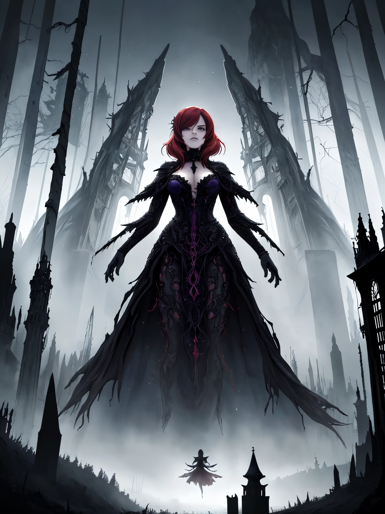 (highres,best quality,photo-realistic),dark fantasy, nishikino maki, purple eyes,elaborate and mysterious landscapes,enchanted forests and castles,magical creatures,ethereal atmosphere,gloomy and haunting,imaginative and surreal,rich and vibrant colors,eerie and dramatic lighting,mythical beings and monsters,majestic and intricate details,unsettling and spellbinding narrative,epic battles between good and evil,magic spells and enchantments,otherworldly realms,dark sorcery and forbidden knowledge,spectacular and awe-inspiring visuals,exquisite attention to costume and set design,intense and emotive expressions,ominous and foreboding presence,gothic architecture and ruins,eerie and haunting soundtrack,compelling and intricately woven storylines,otherworldly and ethereal creatures,secrets and hidden passages,uncanny and supernatural powers,majestic and powerful artifacts,hauntingly beautiful heroines and heroes,mysterious and mythical creatures,suspenseful and thrilling encounters,monumental and fantastical landscapes,faerie folk and magical beings,dimensions beyond imagination,immersive and captivating experience,intense and gripping action,whimsical and eerie ambiance