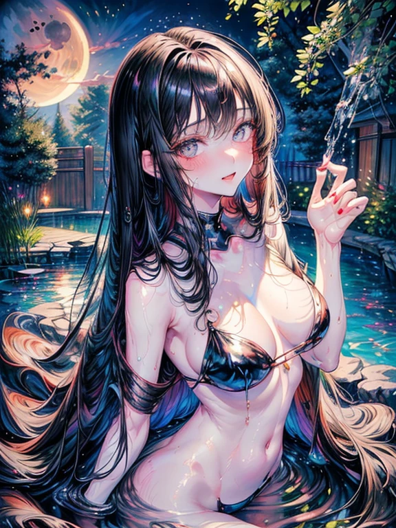 highest quality、All limbs、Full Finger、Slender beauty、25-year-old woman、(((Black-haired woman)))、Woman with straight hair、Beautiful busty woman、Woman in black bikini、Luxury、Open-air bath、vapor、night、full moon、light up、blush、Naughty pose、Wet texture、masturbation behavior
