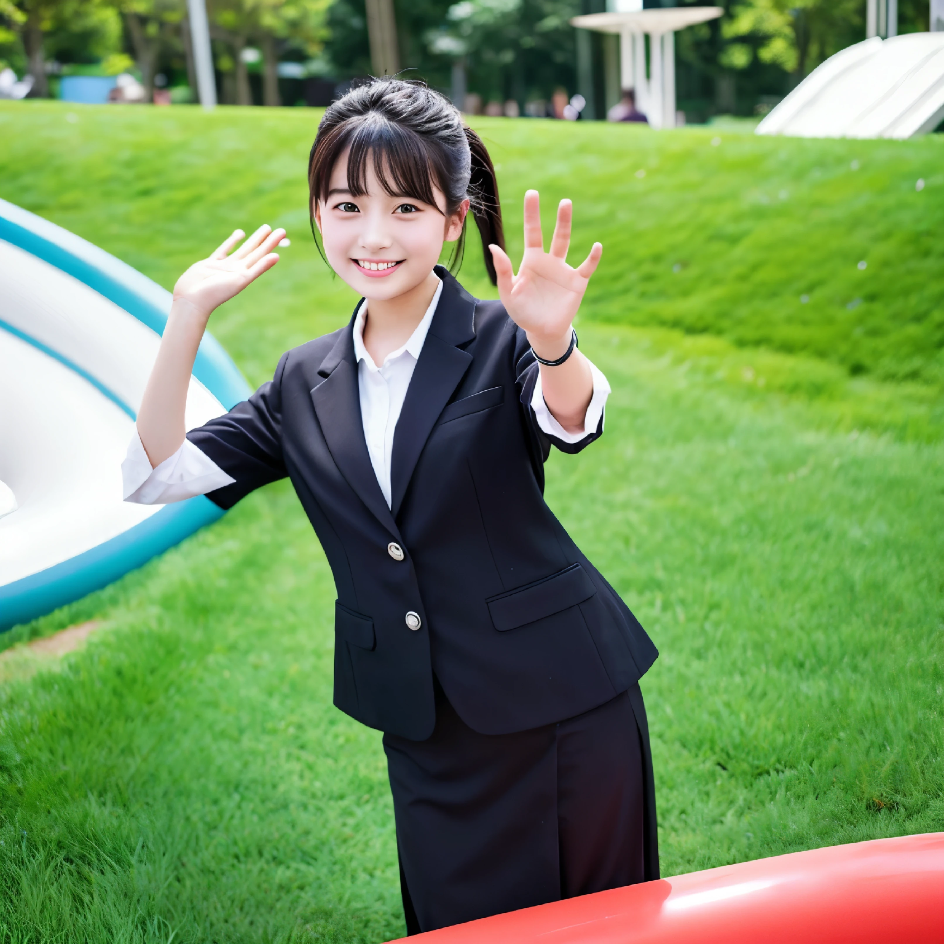 Dressed in work clothes、A lively boyish girl、Waving from the top of a slide in the park