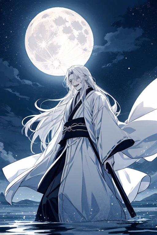 male性，male，White Hanfu，Long white hair，Long flowing hair，wide sleeve robe，Ancient Wind，Private Server，There is no pattern on the clothes，Laughing，Soft Lighting，Water-based ink，I can see the full moon behind me，Low Saturation，Low contrast，LED floodlight