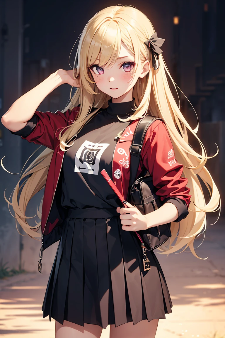 (((grayscale)))(masterpiece:1.2, Highest quality), (Graffiti wall:1.15), 1 Female, Beanie, Jacket, leggings, blue eye, whole body,masterpiece, Highest quality, High resolution, One person, alone, red_eye, It should be Chloe, Garter Straps, black fingerless gloves, Torn knee socks, , red skirt, black collar, White camisole, mini skirt, Pleated skirt, black thighhighs, Braiding, White shirt, black_belt, Medium Hair, black Jacket, Plaid_bow,( Food_superior:1.2), Long sleeve, Off the shoulder,,eiko tsukimi, blue eye, Braiding, twin Braiding, (((Blonde))), Long Hair,Baseball cap