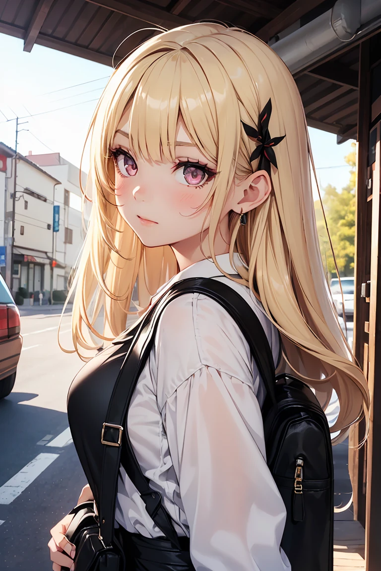 ((1 girl)), Selfie, Latest Fashion Trends, (Hairpins in the bangs), younger sister, Pleated skirt, rucksack, Bright expression,background_School Area, Surprised face, かわいいyounger sister, Cowboy Shot,((Very detailed,highest quality, High resolution, 8k wallpaper, Beautiful clothes,)),((blonde, Long Hair,Straight hair)), blush , (Crimson Eyes),eye shadow, eyeliner,Glow Eye, Very detailedな目, Beautiful Eyes, 14-year-old girl, Accurate anatomy