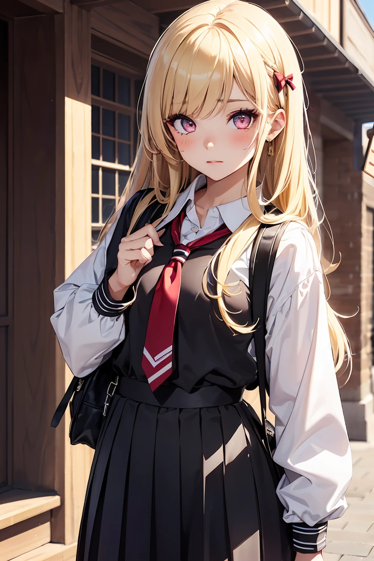 ((1 girl)), Selfie, Latest Fashion Trends, (Hairpins in the bangs), younger sister, Pleated skirt, rucksack, Bright expression,background_School Area, Surprised face, かわいいyounger sister, Cowboy Shot,((Very detailed,highest quality, High resolution, 8k wallpaper, Beautiful clothes,)),((blonde, Long Hair,Straight hair)), blush , (Crimson Eyes),eye shadow, eyeliner,Glow Eye, Very detailedな目, Beautiful Eyes, , Accurate anatomy