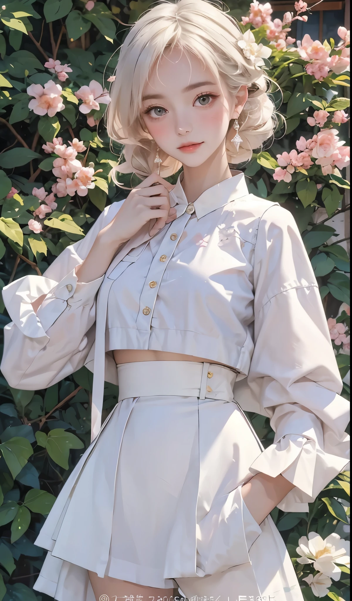 There was a girl in a short green skirt, plum bossom, Oriental Architecture Ray Tracing, best quality, masterpiece, Extremely detailed 8k wallpaper, rich and colorful, Intricate details, Cool white skin, (Delicately painted blush), soft cuteness, Messy Beauty, Skin is bright and smooth, beautiful eyes, Peach Blossom Eyes, An extremely delicate and beautiful girl, White skirt, Upper Body,