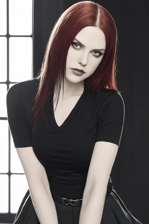 (masterpiece), (best quality), (realistic), Nikon RAW photo, Fujifilm XT3, beautiful 1girl, young 19yo, Ultra realistic, gothic aesthetic, red-haired girl, seductive leaning forward detailed skin, pale-white (highlighted) skin, goth makeup, ultra realistic, 16k, high quality, picture-perfect, flawless, clean, masterpiece, professional artwork, detailed artwork, cinematic lighting, cinematic bloom, realistic shading, (((perfect female body, narrow waist))),(large breasts:1.3)lora:GoodHands-beta2:1>, , ((girl standing)),upper body, black shirt, black skirt and pantyhose clothing (realistic texture), blade to side, strike pose, blade down, blade right hand,, blurred background (masterpiece, best quality, high quality, highres, ultra-detailed), different poses at different angles.
tight_black_shirt,
light_red_hair,
facing_viewer,
(ultra detailed), 8k, 4k, intricate, upper_body, best lighting, office, sunlight,
medium_breasts,
