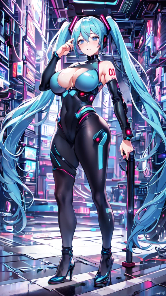 Hatsune Miku Vocaloid, Twin Tails, Light Blue Eyes, Light Blue Hair, Pichi Pichi Bodysuit, Cyber punk, Ghost in the Shell, Ultimate Physical Beauty, Beautiful Eyes, embarrassed look , high heels, ((Big Breasts)), 8K CG, Top Quality, Best Image Quality,