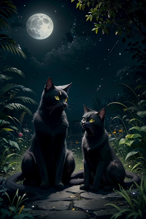 Auf dem Boden sitzten zwei schwarze Katzen mit gelben Augen, schlanke katzen, finstere blicke, beautiful black cats with beautiful shiny fur, Cartoon von zwei Kriegerkatzen fan art, Katze aus der Leere, Kriegerkatzen, Charakter anpassbar, der dunkle Gott der Katzen, detailliertes Fanart, Full body customizable, ashfur from Kriegerkatzen, Referenzblatt, Lokis Lieblingsprojekt, mit leuchtenden Augen, hochwertiges Fanart, Referenzkunst, Konzeptkunst, beautiful outdoor background, white moon in the sky dark night with stars and fireflies floating around, two beautiful slender black cats with yellow sinister eyes on an abandoned overgrown garden, two smiling cats, very beautiful black cats 