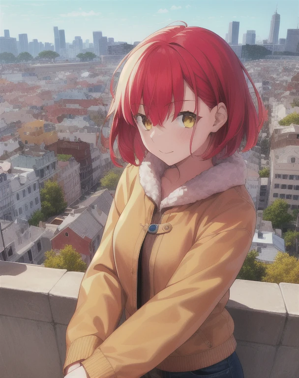 solo, 1girl, looking at viewer, red hair, short hair, yellow eyes, beautiful detailed face, city background