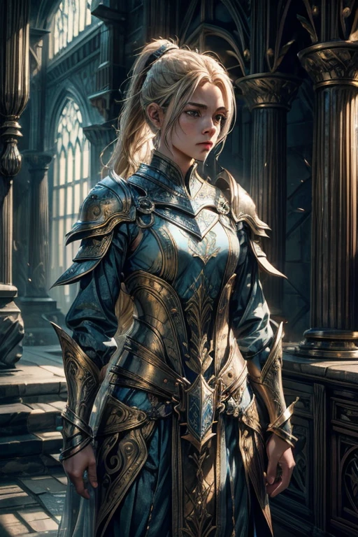 (hyperrealistic image), (masterpiece), Full body of the Link Character from the game Tears of the Kingdom, wearing the champion's new tunic, beautiful face, freckles, shoulder-length hair, tied with a short ponytail at the nape of the neck, light blue eyes ,  boy, hyper detailed, 32K, THE ELDER SCROLLS style, dramatic lighting, refracting edges, fantasy