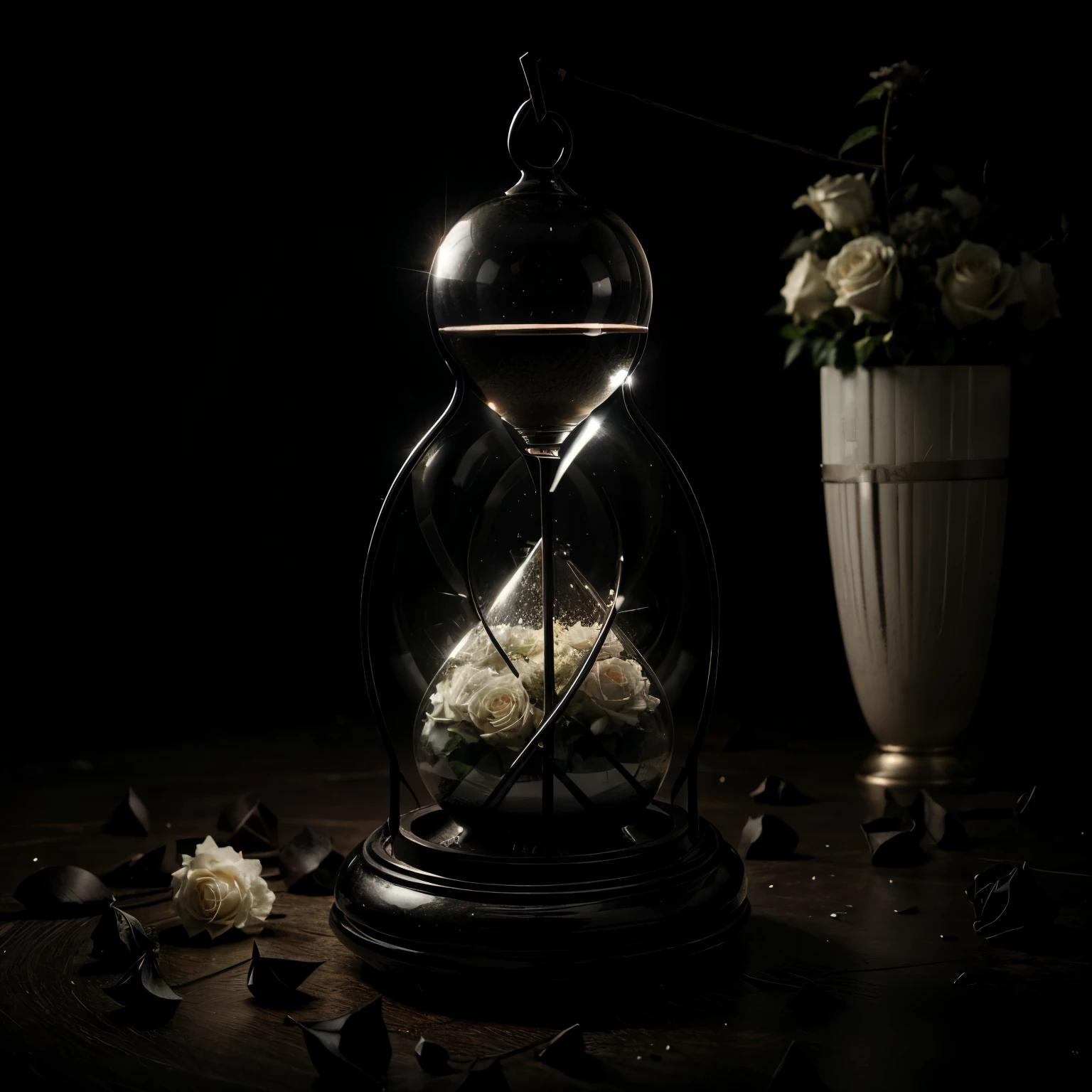 [SUBJECT] A seamless repeating pattern featuring a classic hourglass (weight: 1.2) with black sand slowly falling through the center. Wilted white roses (weight: 1.2) and black thorns (weight: 1.2) surround the hourglass base, representing the passage of time and mortality (weight: 1.2).
[MEDIUM] Digital art
[STYLE] Surrealism with a gothic influence
[COLOR] Monochromatic with hints of white for the roses (weight: 1.2).
[LIGHTING] Soft, dramatic lighting with a spotlight illuminating the hourglass, casting a long shadow (weight: 1.2).
[ADDITIONAL DETAILS] The pattern should seamlessly repeat in all directions.