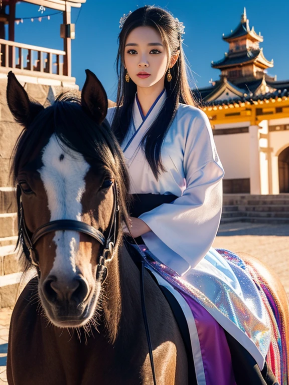 Beautiful Wuxia Princess in the castle yard is Riding a horse, heavy makeup, gothic eye mascara, Nagoya castle japan as background, close up, photorealistic, hyperrealism, professional photography, DSLR, HDR, holographic popping from 2D to 3D, Retro Futurism theme , chrome silver, atomic tangerine, sky blue