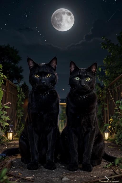 Auf dem Boden sitzten zwei schwarze Katzen mit gelben Augen, schlanke katzen, finstere blicke, beautiful black cats with beautiful shiny fur, Cartoon von zwei Kriegerkatzen fan art, Katze aus der Leere, Kriegerkatzen, Charakter anpassbar, der dunkle Gott der Katzen, detailliertes Fanart, Full body customizable, ashfur from Kriegerkatzen, Referenzblatt, Lokis Lieblingsprojekt, mit leuchtenden Augen, hochwertiges Fanart, Referenzkunst, Konzeptkunst, beautiful outdoor background, white moon in the sky dark night with stars and fireflies floating around, two beautiful slender black cats with yellow sinister eyes on an abandoned overgrown garden, two smiling cats, very beautiful black cats