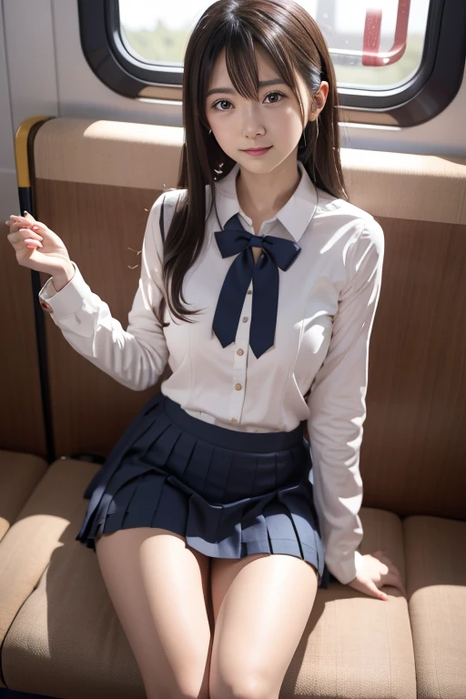 "(Masterpiece)、(Best image quality)、Cute hairstyles、 14 year old Japanese girl,  uniform、Pleated skirt skirt,(( Accentuate your thighs)), White thighs, Soft thighs, Shiny thighs, Sitting on a train, ((Facing angle)), ((Angle from directly in front)),sitting in a train seat,Sit in front,Zoom camera on crotch,Put your feet on the floor of the train,whole body,,Watch only viewers"