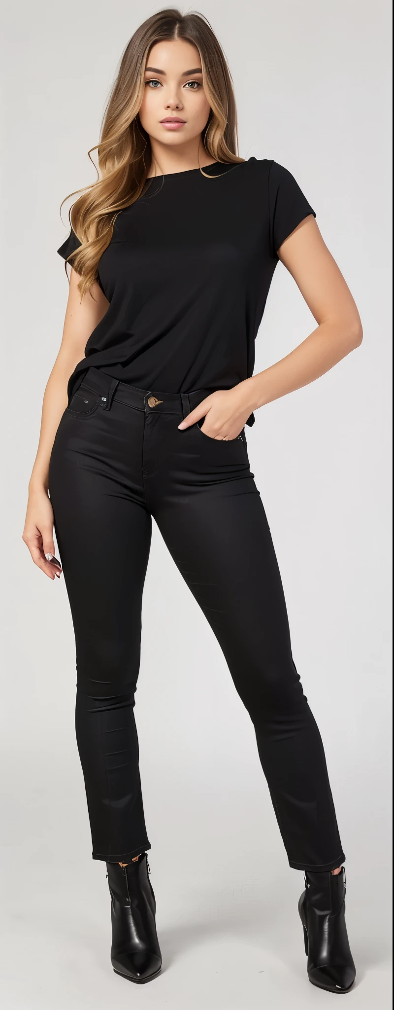 a woman in black pants and boots posing for a picture, black pants, jeans preto extremamente apertado, jeans, escuro lavado tonalidade preta, 2 modelo feminino de 4 anos, perto de um magro, black pants, black jeans pants, vestindo uma camisa escura e jeans, jeans, jeans e camiseta, jeans e botas pretas, jeans, denim trousers