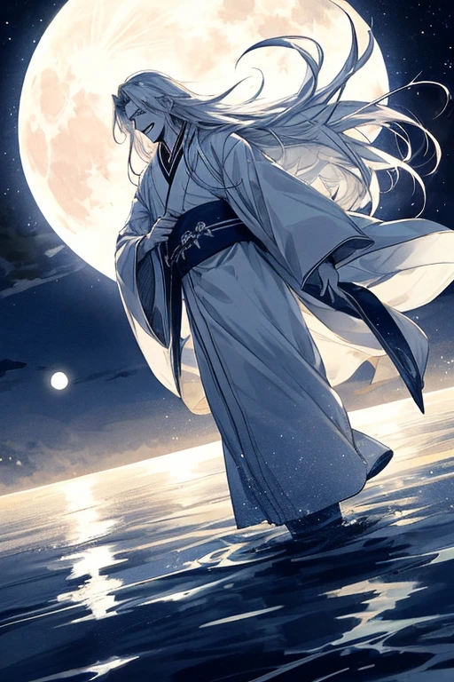 male性，male，White Hanfu，Long white hair，Long flowing hair，wide sleeve robe，Ancient Wind，Private Server，There is no pattern on the clothes，Laughing，Soft Lighting，Water-based ink，I can see the full moon behind me，Low Saturation，Low contrast，LED floodlight