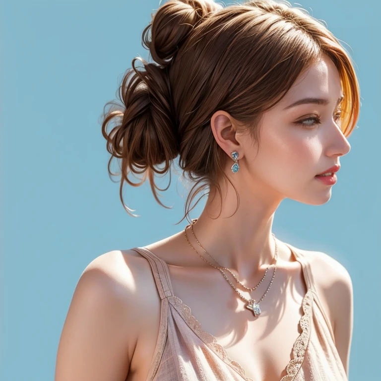 (masterpiece, highest quality, highest quality), (((Perfect body))),profile,Shaggy Hair,Middle Hair,Hair Bun,Light blue and red hair,Lace camisole,beautifully,Mysterious:1.2, (One Girl:1.3), Very detailed, Mature Woman,A kind smile, (Mouth closed), (highest qualityのmasterpiece:1.2) Delicate illustrations, Most detailed,Upper body portrait, (White background:1.3), (Shiny skin), (Many colors:1.4), ,(Earrings),((necklace)),