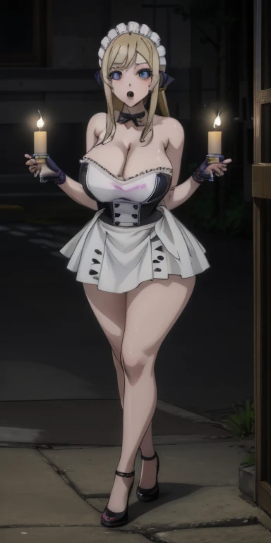 (masterpiece), best quality, Ultra Detailed, Perfect hands, Perfect legs, Delicate eye expression, 1 girl (gather_Yaori, Sexy, 丰满Sexy身材, Huge breasts(((Cleavage))))8k, Wide hips, Long hair, , Expressionless,open mouth, solitary, nude, whole body,maid(Black, mini skirt),maid headdress, skirt lift, at midnight, 客厅Walk廊(hidden, Only candles are glowing), Walk,Sexy waist teasing