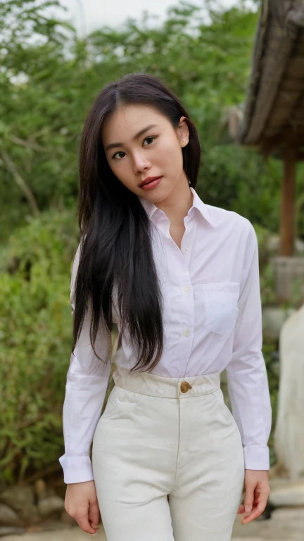 analog film photo solo, realistic, ((indonesian woman)), (((black hair, Long Hair, Long Layers Hairstyle))), (((frustrated))), (((White long sleeves button-up shirt, high-waisted pants, and loafers))), ((Frame the architectural marvel of Nurimaru APEC House, nestled in the lush Dongbaekseom Island, with its modern design, scenic surroundings, and the historical significance.)), ((dynamic pose)), skin kstyle zoelevana . faded film, desaturated, 35mm photo, grainy, vignette, vintage, Kodachrome, Lomography, stained, highly detailed, found footage