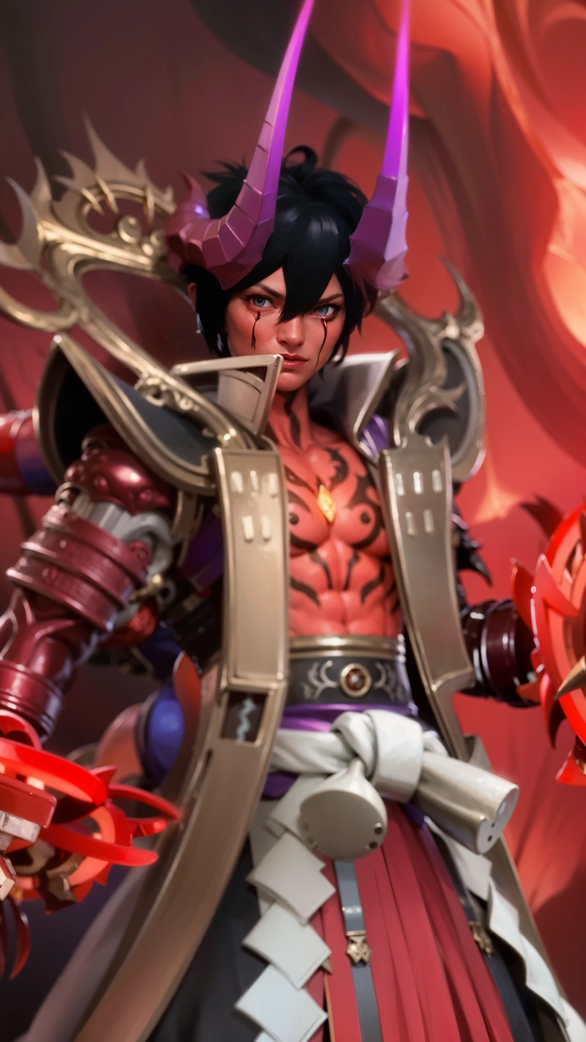 boy with purple hair and red shirt holding a purple ball, Masterpiece, ultra HD, detailed all picture, a close up of a devil, dyrroth from mobile legend, evil, extremely detailed artgerm, mobile legends character, inspired by Dyrroth, Six pack chest and abs, black jewel above the chest, red eyes, glare.