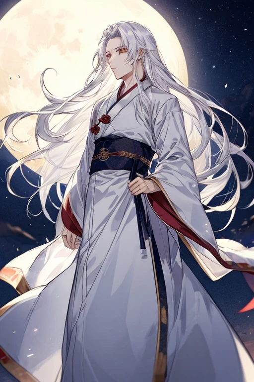 male性,male,White Hanfu,Long white hair,Long flowing hair,wide sleeve robe,Ancient Wind,Private Server,There is no pattern on the clothes、Soft Lighting,I can see the full moon behind me,