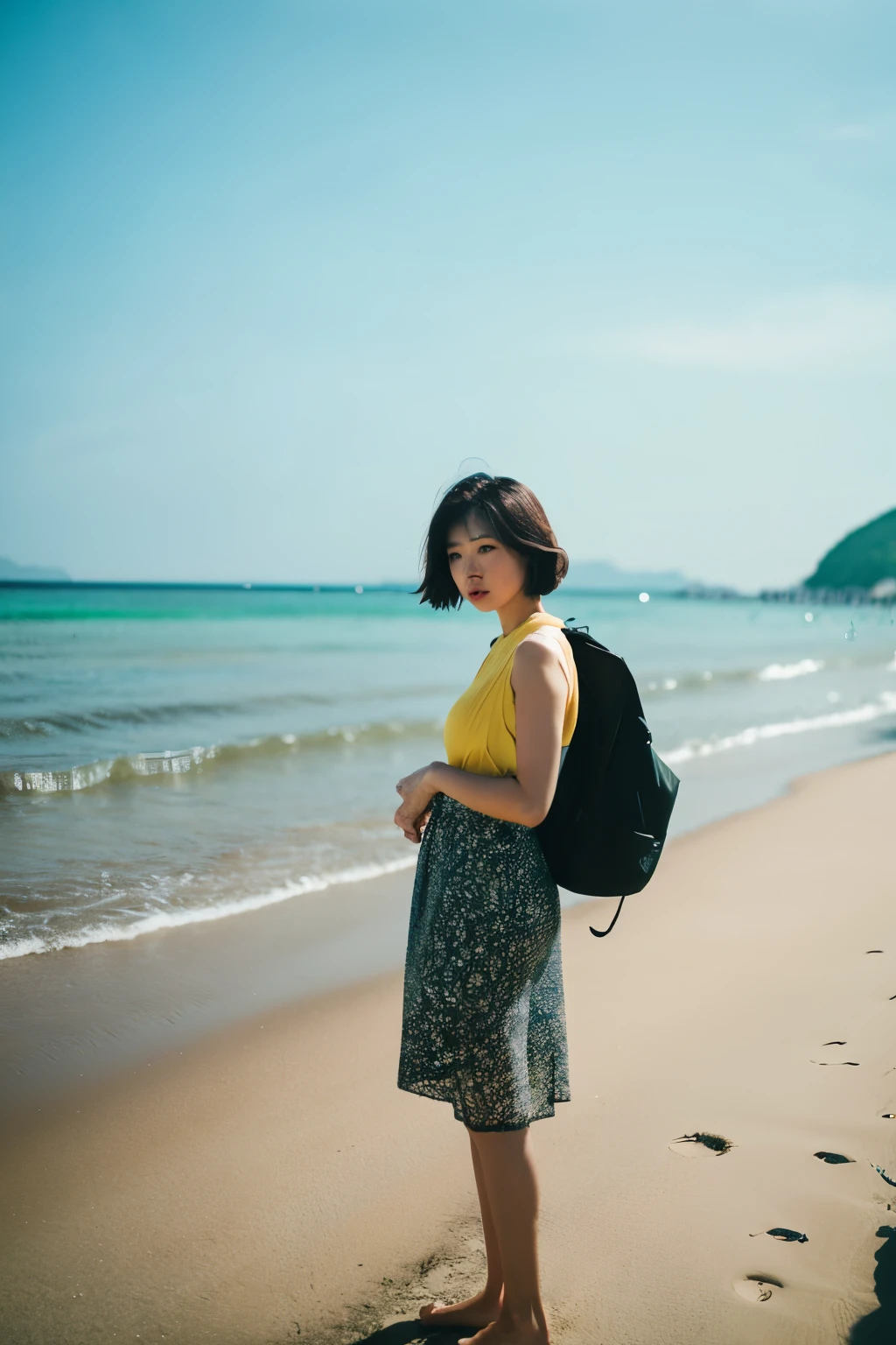 cinematic shot of [woman] in [beach], Sony A7R 16mm film grain, low key, vibrant, style of Wong Kar Wai, cinematic, photo, fashion