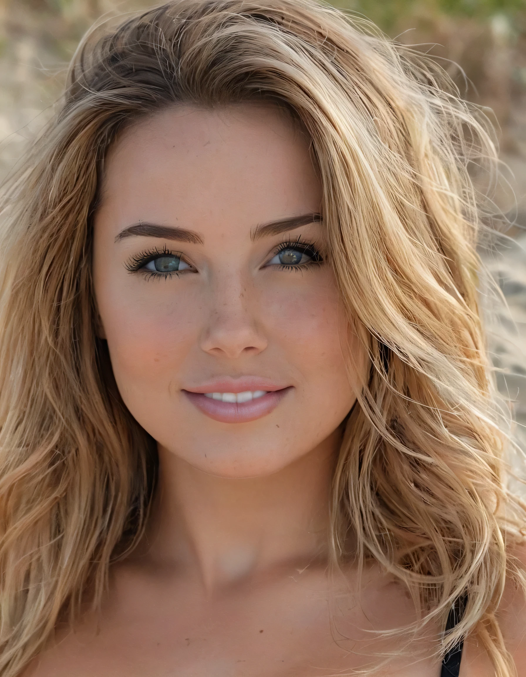 masterpiece, texture selfie flash photography of a ohwx woman with __haircolor__ __hair__ hair top down close-up, beautiful eyes, wearing a black bikini, beach background, subtle smile, beautiful, realistic, full body, standing, , large breasts