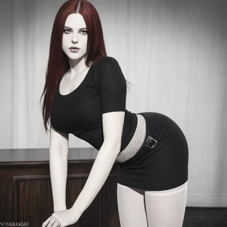 (masterpiece), (best quality), (realistic), Nikon RAW photo, Fujifilm XT3, beautiful 1girl, young 19yo, Ultra realistic, gothic aesthetic, red-haired girl, seductive leaning forward detailed skin, pale-white (highlighted) skin, goth makeup, ultra realistic, 16k, high quality, picture-perfect, flawless, clean, masterpiece, professional artwork, detailed artwork, cinematic lighting, cinematic bloom, realistic shading, (((perfect female body, narrow waist))),(large breasts:1.3)lora:GoodHands-beta2:1>, , ((girl standing)),upper body, black shirt, black skirt and pantyhose clothing (realistic texture), large hips, thick thighs, thick legs, blade to side, strike pose, blade down, blade right hand,, blurred background (masterpiece, best quality, high quality, highres, ultra-detailed), different poses at different angles.
tight_black_shirt,
light_red_hair,
facing_viewer,
(ultra detailed), 8k, 4k, intricate, upper_body, best lighting, office, sunlight,
medium_breasts,
