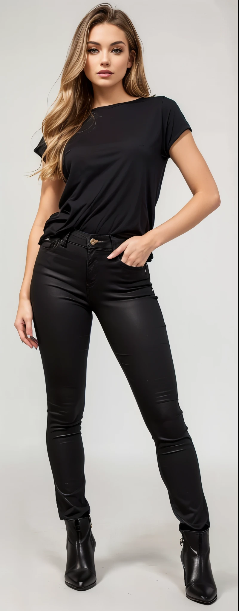 a woman in black pants and boots posing for a picture, black pants, jeans preto extremamente apertado, jeans, escuro lavado tonalidade preta, 2 modelo feminino de 4 anos, perto de um magro, black pants, black jeans pants, vestindo uma camisa escura e jeans, jeans, jeans e camiseta, jeans e botas pretas, jeans, denim trousers