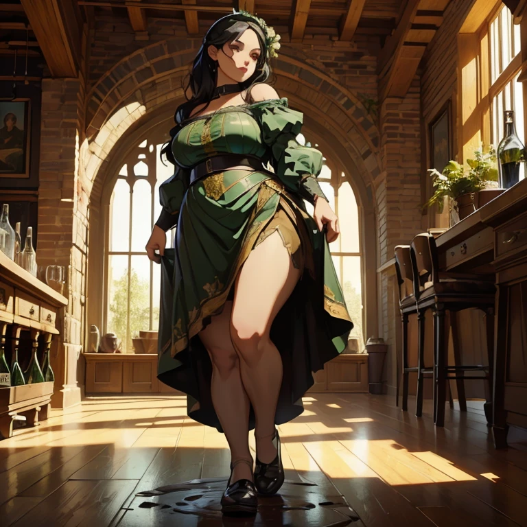 (Masterpiece), (detailed), (high res), (high quality), curvy medieval barmaid, green garments, black hair, (standing on table on all fours), pudgy