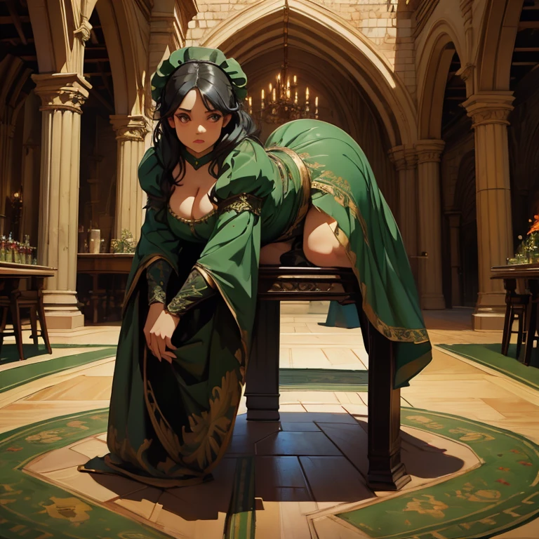 (Masterpiece), (detailed), (high res), (high quality), curvy medieval barmaid, green garments, black hair, (standing on table on all fours), pudgy
